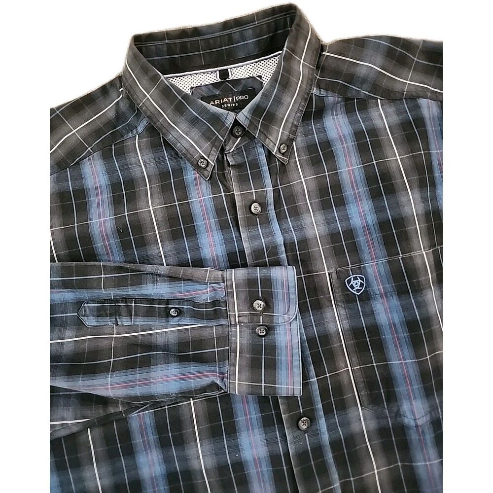 Ariat Pro Series Shirt Men's XL Plaid Button Down Black Blue Long Sleeve Cowboy
